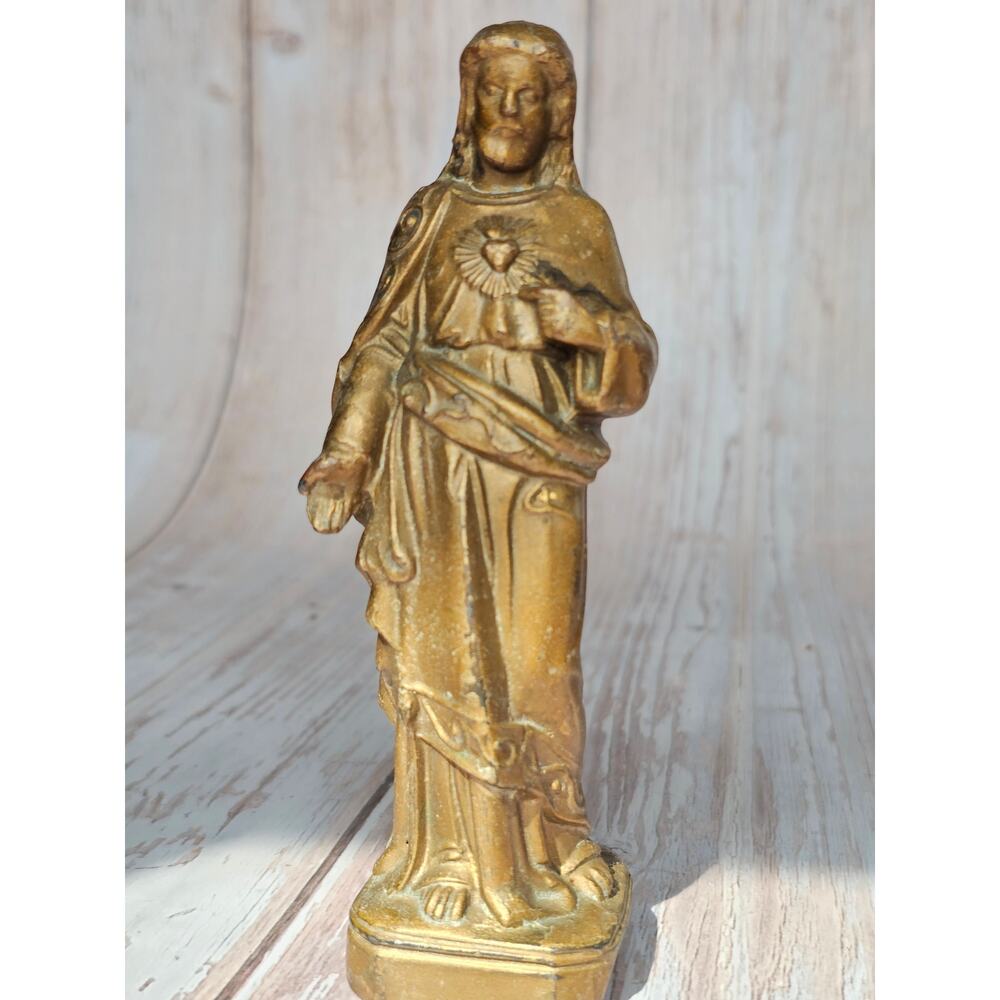 Vintage Sacred Heart of Jesus Statue Bronze Tone Metal 6" Catholic Altar Decor